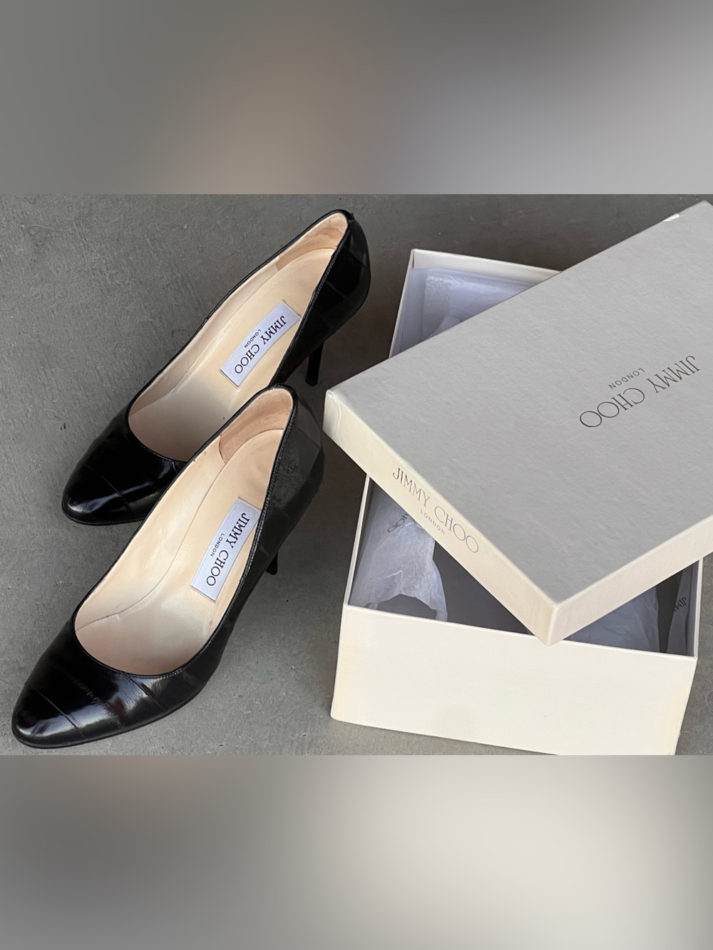 Jimmy Choo Black Eel Skin Gilbert Pumps  Almond Toe Stiletto Heels Vintage 37.5